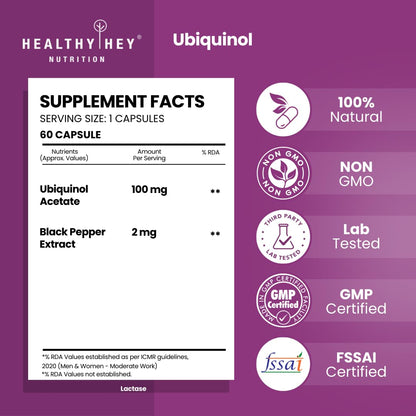 Supplement facts label for Ubiquinol with Healthy Hey Nutrition branding on a purple background.