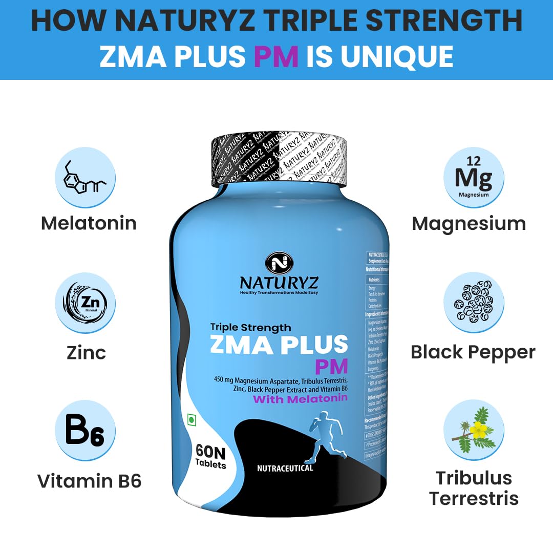 Naturyz Triple Strength ZMA Plus PM supplement bottle with ingredients listed on a white background