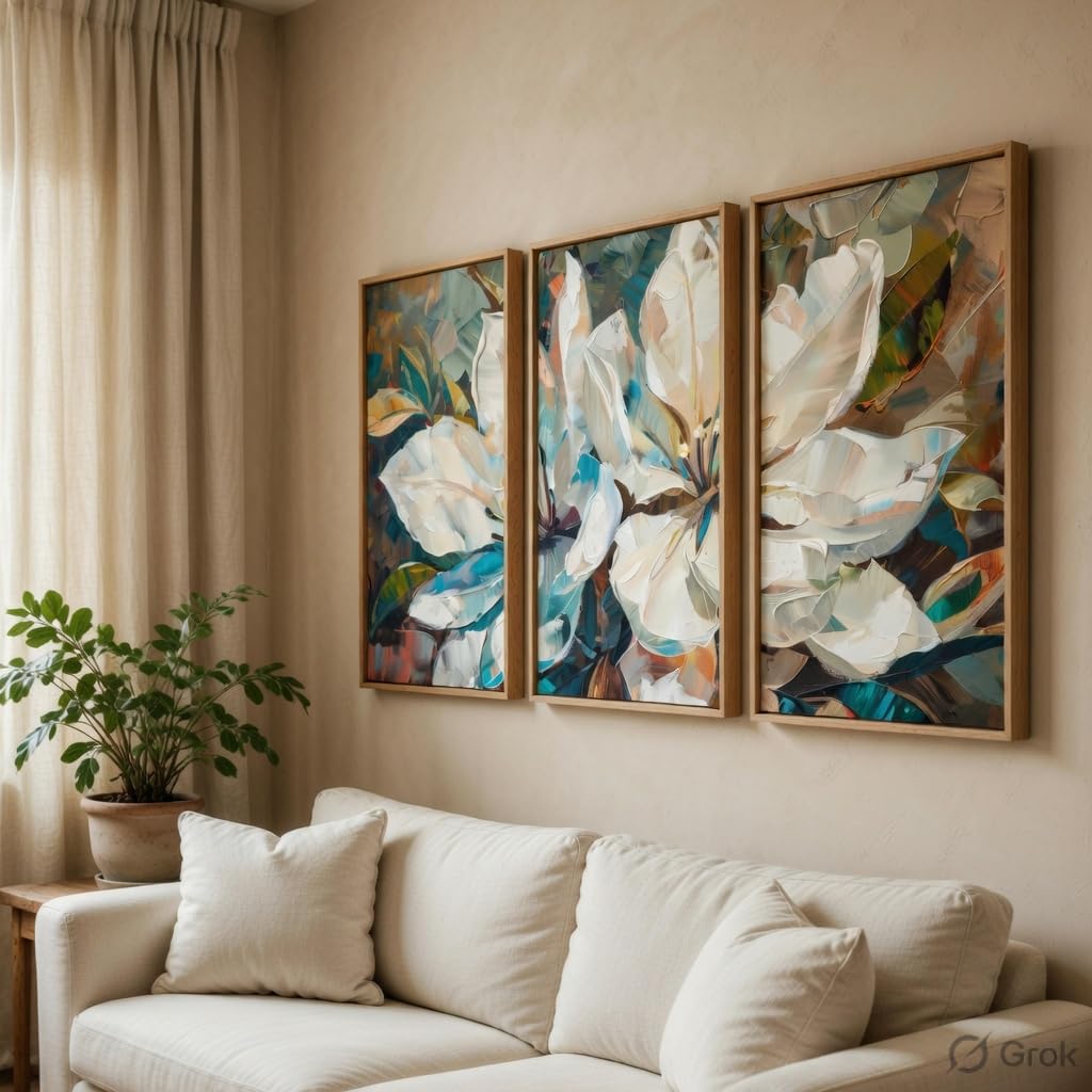 Abstract Floral Wall Painting Set of 3 with Wooden Frames | Modern White Flower Artwork HD Sparkle Laminated MDF Wall Decor | Contemporary Floral Wall Art for Living Room Bedroom