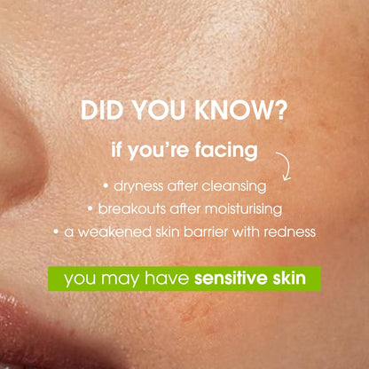 Close-up of skin with text about sensitive skin issues on a beige background