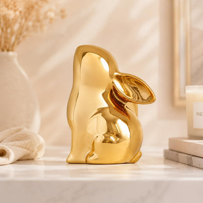 Street27 Ceramic Rabbit Figurines Set of 2, Gold Decorative Bunny Statues for Home Decor, Small Modern Animal Showpieces for Living Room, Bedroom, Office Desk, Shelf Decoration, Glossy Finish