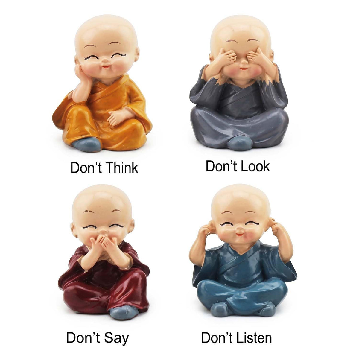 Resin Buddha Monk Statues, Small, Multicolour, Set of 4 Buddha Figurine Good Luck Sculpture Decoration for Indoor Outdoor Garden car Dashboard Porch Yard Art Decor