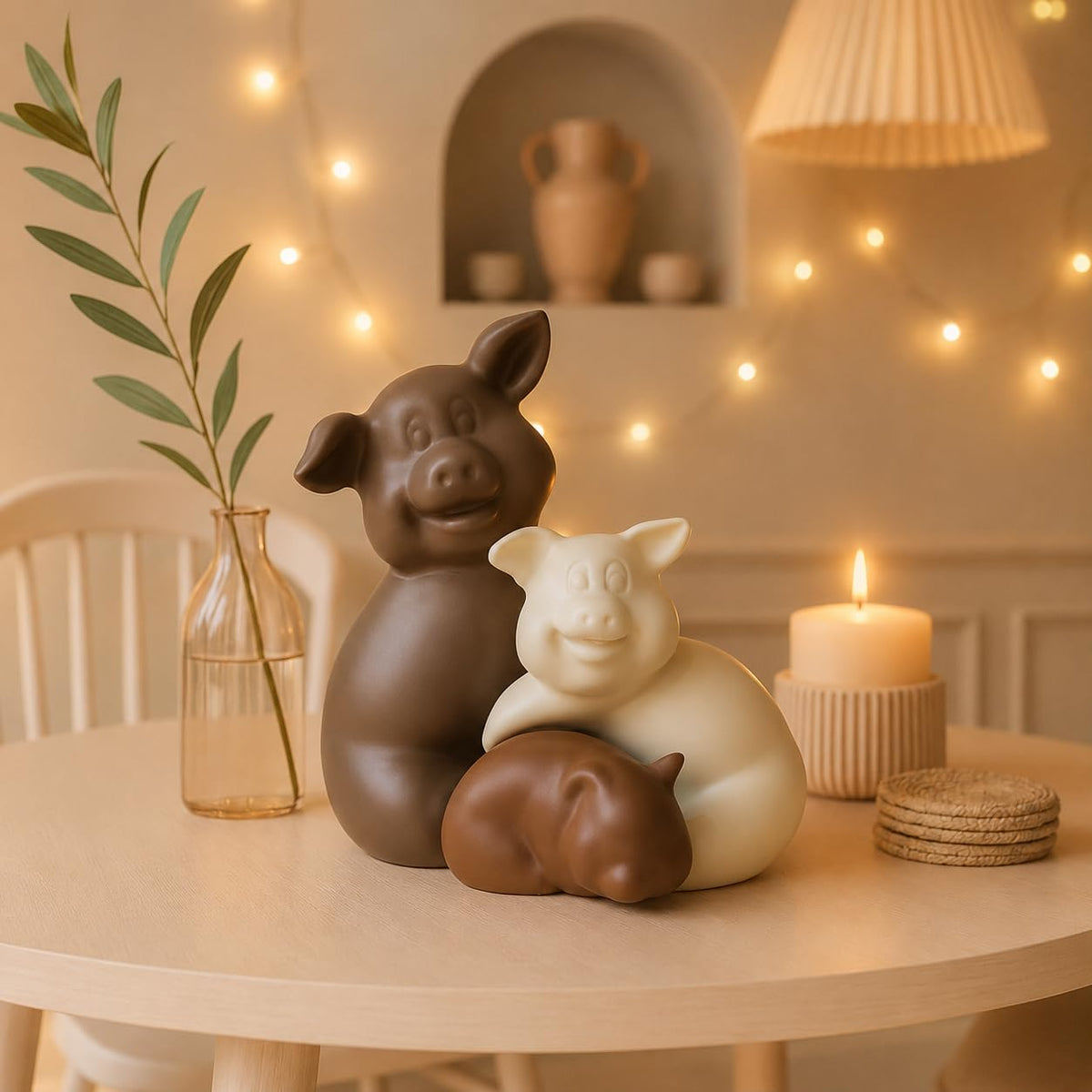 Home Décor Teddy Piggy Family Matte Finish Ceramic Figurines - (Set of 3, Matte Brown)
