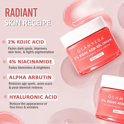 Glamveda 2% Kojic Acid Gel Cream with Niacinamide & Alpha Arbutin | Brightens Skin & Reduces Pigmentation | Fades Dark Spots & Acne Scars | For All Skin Types