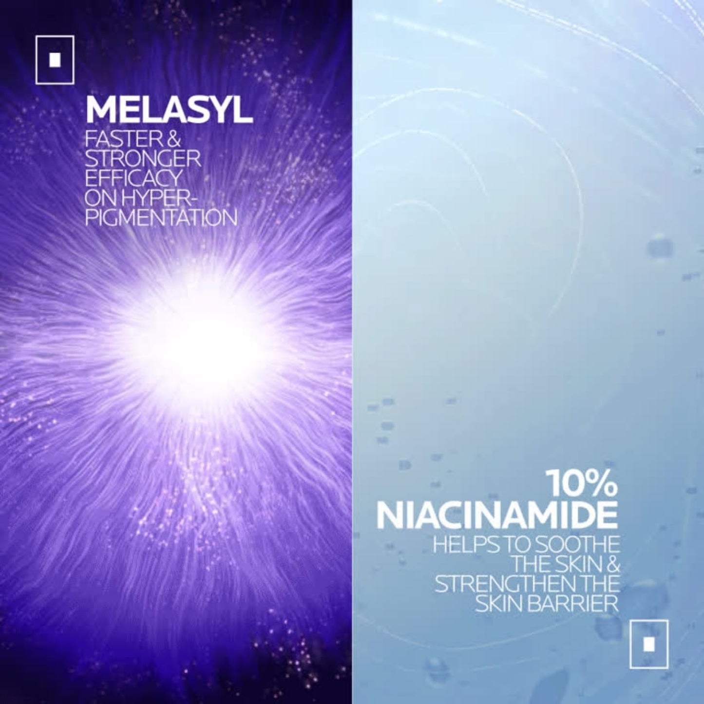 Advertisement for Melasyl with purple and blue gradient background and text about Niacinamide.