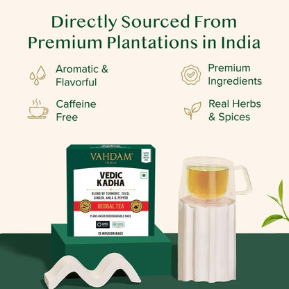 VAHDAM Vedic Kadha Infusion Bags (15 Count) | Caffeine Free, Non-GMO, Gluten-Free | Botanical Tisane – Earthy & Savory | Individually Wrapped Pyramid Bags | Direct from Source