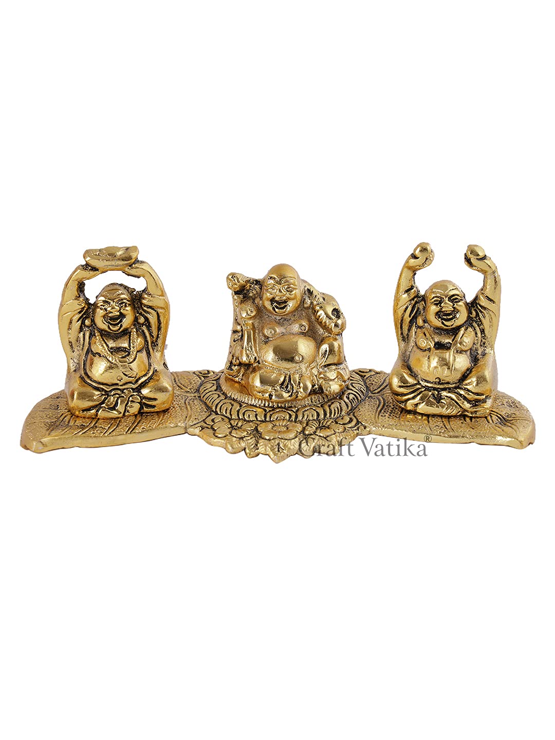 Metal Laughing Buddha Statue for Money, Wealth, Fengshui Vastu and Good Luck (Golden, 7.5 Inches Length x 2.8 Inches Height x 3 Inches Width), Idol