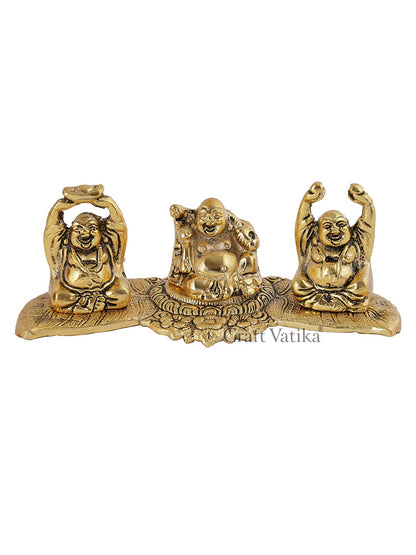 Metal Laughing Buddha Statue for Money, Wealth, Fengshui Vastu and Good Luck (Golden, 7.5 Inches Length x 2.8 Inches Height x 3 Inches Width), Idol