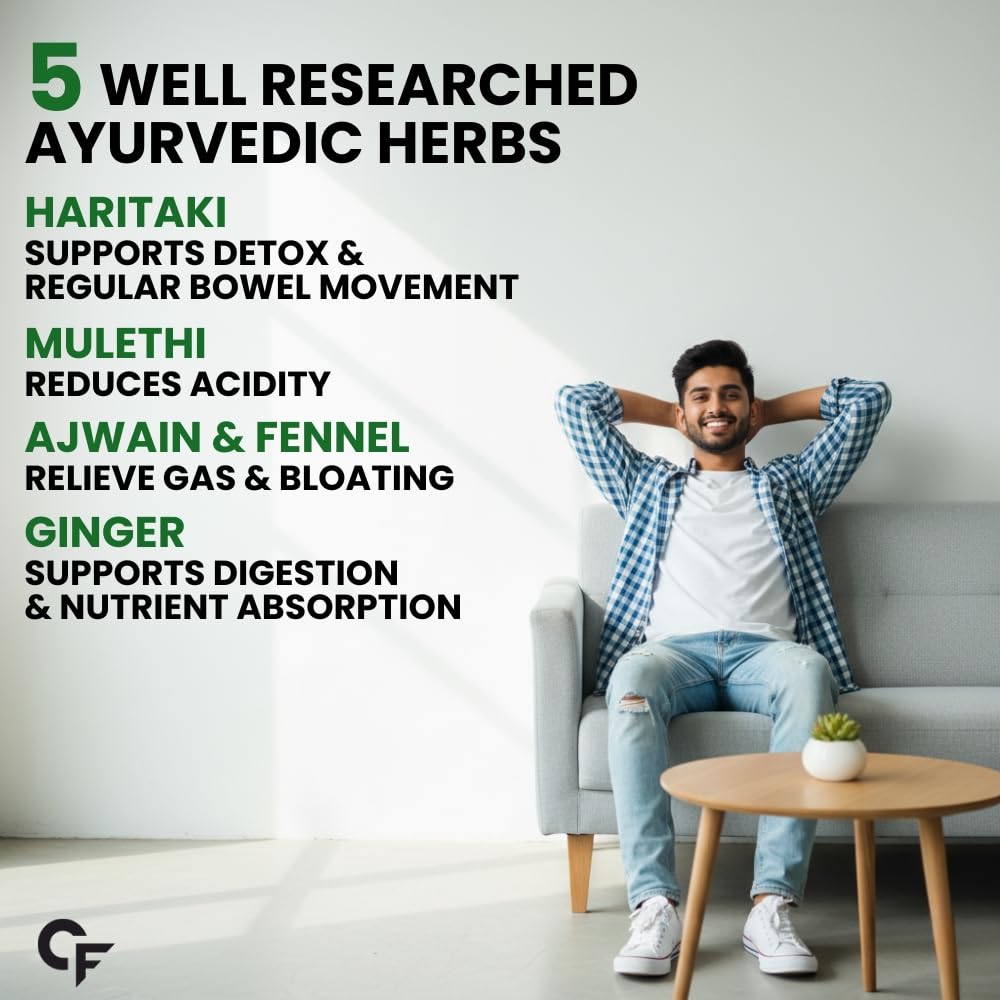 Person sitting on a couch with text about ayurvedic herbs in the background