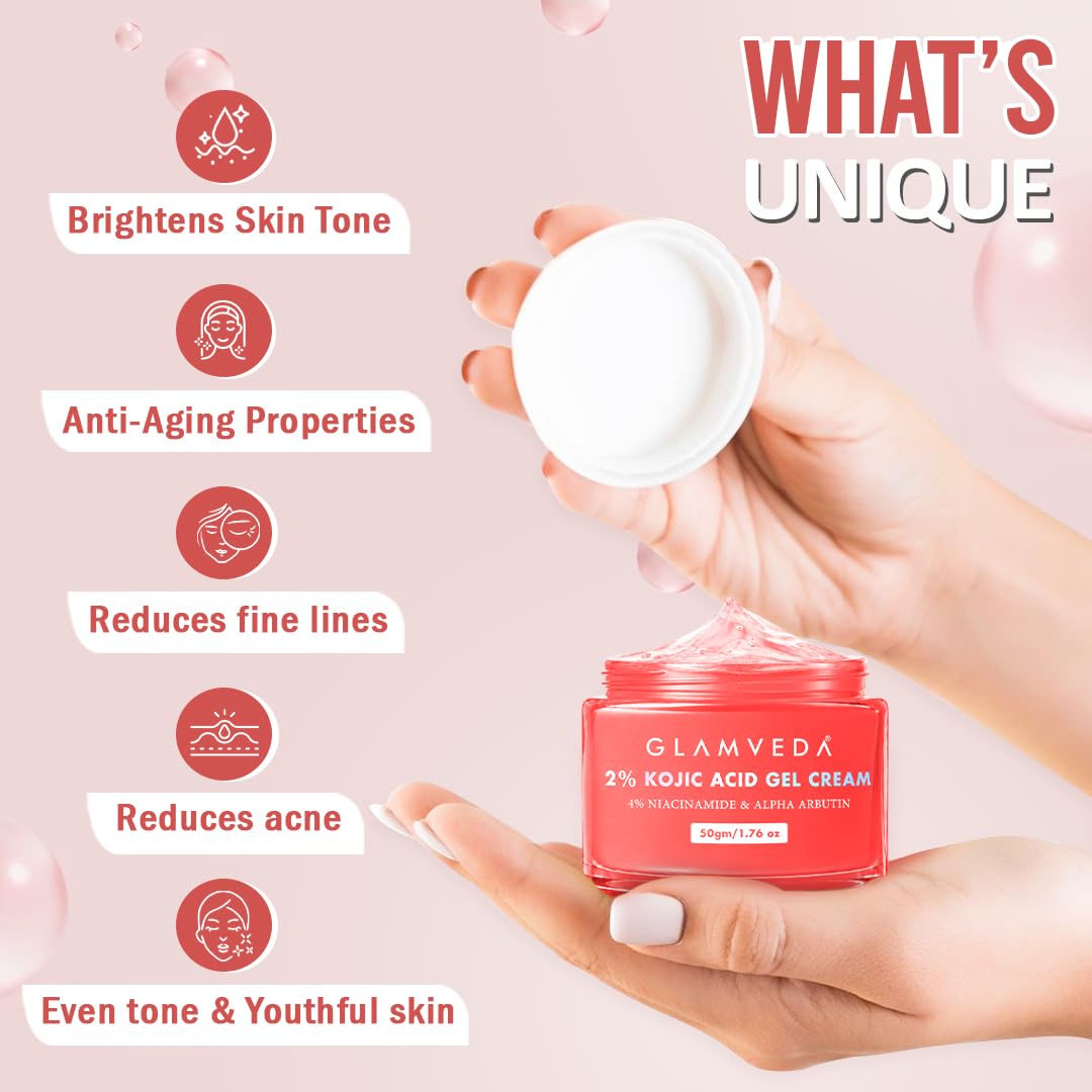 Glamveda 2% Kojic Acid Gel Cream with Niacinamide & Alpha Arbutin | Brightens Skin & Reduces Pigmentation | Fades Dark Spots & Acne Scars | For All Skin Types