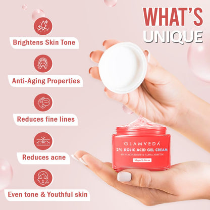 Glamveda 2% Kojic Acid Gel Cream with Niacinamide & Alpha Arbutin | Brightens Skin & Reduces Pigmentation | Fades Dark Spots & Acne Scars | For All Skin Types