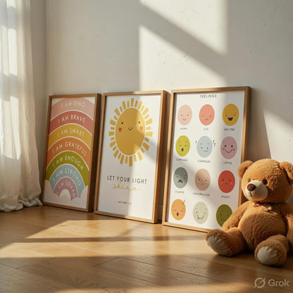 Kids Motivational Nursery Wall Painting Set of 3 with Wooden Frames | Rainbow Affirmation Sun Feelings Chart Kids Room Wall Art | HD Sparkle Printed MDF Nursery Wall Decor