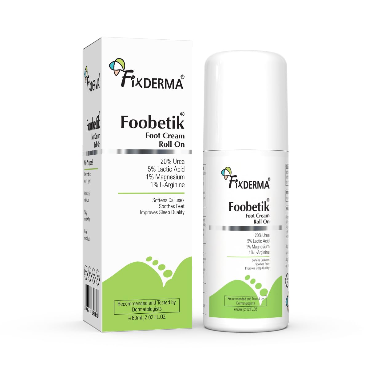 Fixderma Foobetik 20% Urea Foot Roll On For Dry & Cracked Heels with 5% Lactic Acid & 1% Magnesium | Dermatologically Tested | Helps Repair and Moisturise Cracked Heels - 60ml