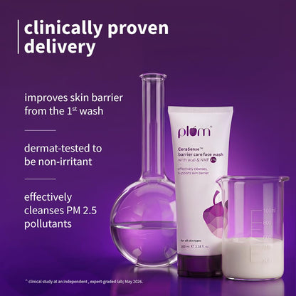 Plum CeraSenseTM Barrier Care Face Wash with Acai & 1% NMF | 100ml | Gentle face wash | For Dry Skin, Normal Skin & Sensitive Skin | Soap-Free Paraben-Free | For Sensitive Skin