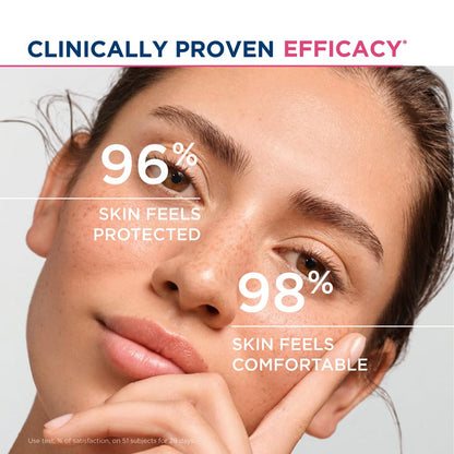 Woman's face with clinical skincare product claims on a light gray background