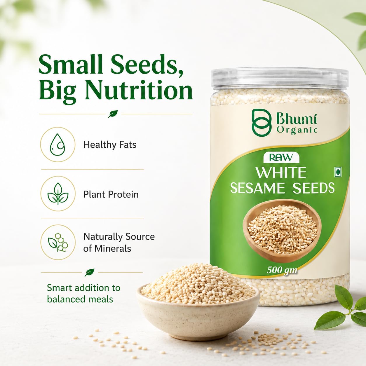 Bhumi Organic Raw White Sesame Seeds 500gm | 100% Clean and Natural White Til, Safed Til Seeds for Eating, Non-GMO, Antioxidant Rich