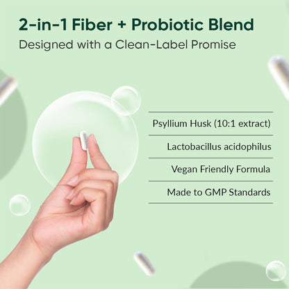 Hand holding a small container with fiber and probiotic blend information on a green background