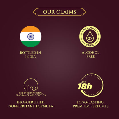 Product claims including 'Bottled in India', 'Alcohol Free', 'IFRA-Certified Non-Irritant Formula', and 'Long-Lasting Premium Perfumes' on a dark background.