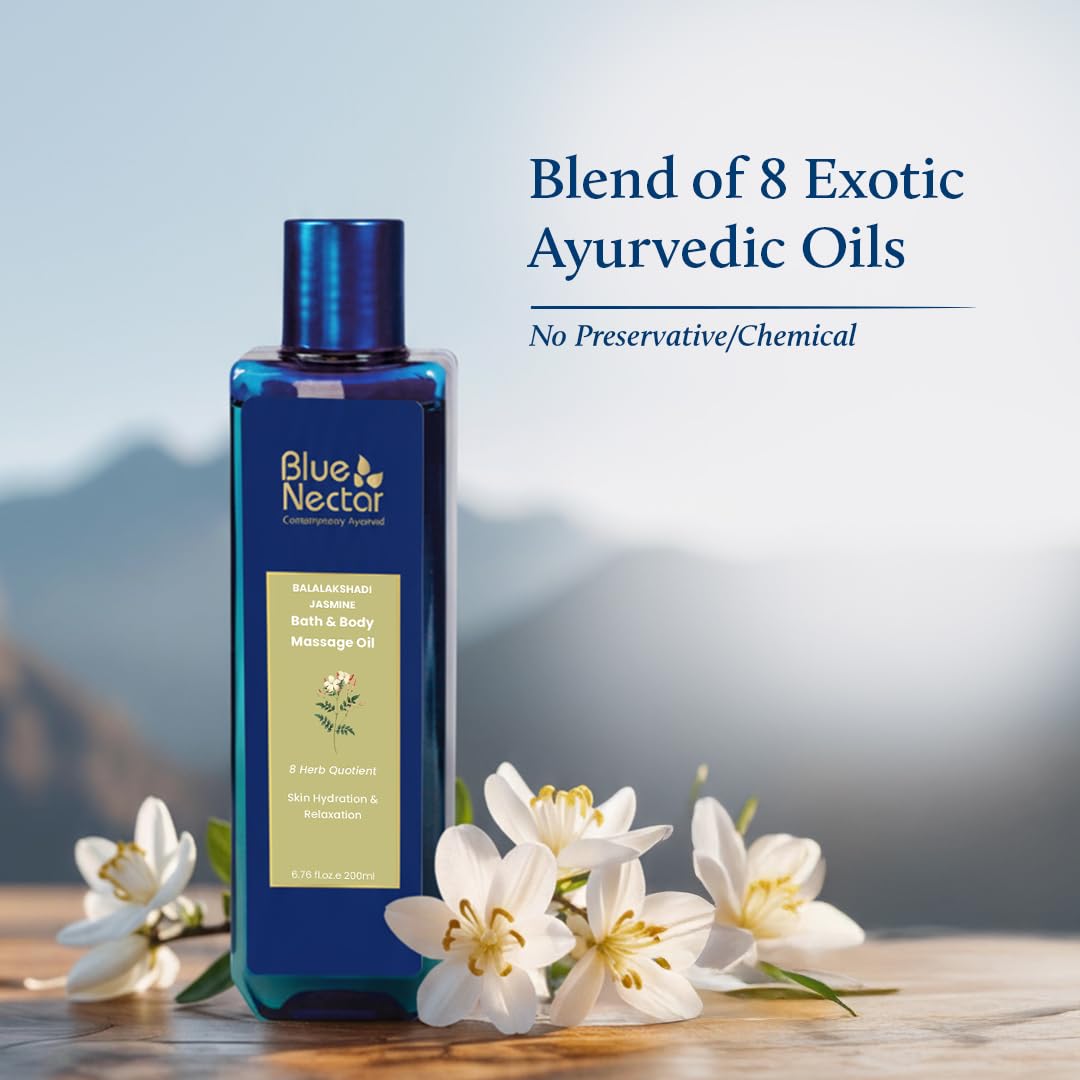 Blue Nectar Jasmine Herbal Body Oil | Natural Massage Oil for Full Body Relax & Glow | Ashwagandha & Sesame After Bath Body Oil for Women & Men (8 herbs, 200ml)