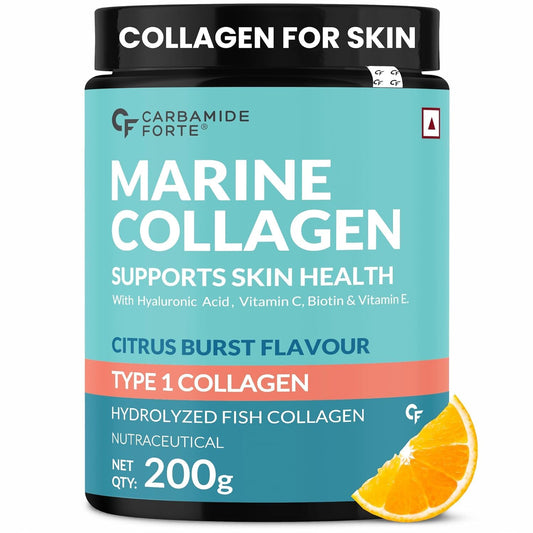 Carbamide Forte Marine Collagen Supplements | Marine Collagen Powder For Women & Men | Type 1 Hydrolyzed Peptides For Skin Health With Biotin, Vitamin C & E | Citrus Burst Flavour - 200g
