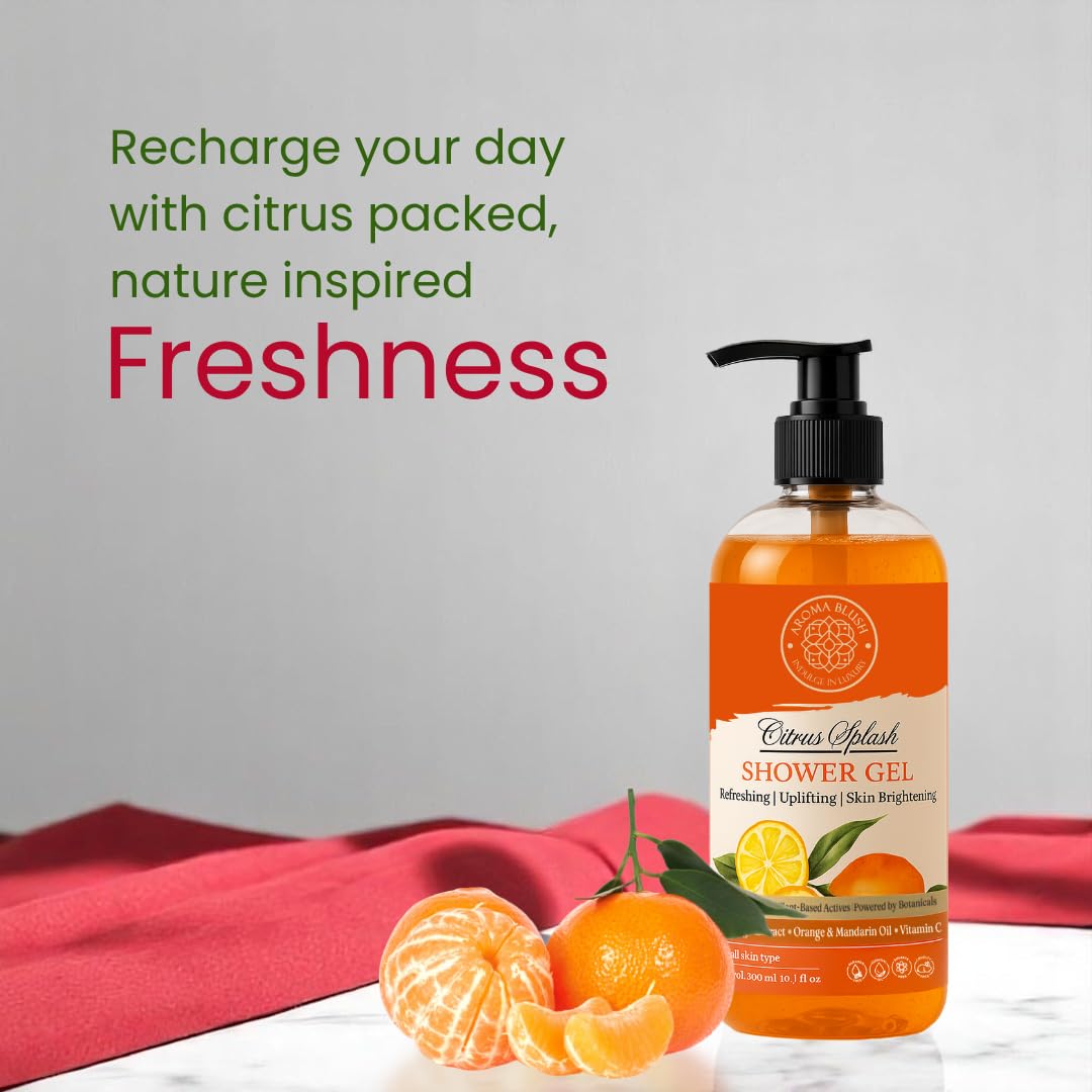 Shower gel bottle with citrus fruits on a gray background