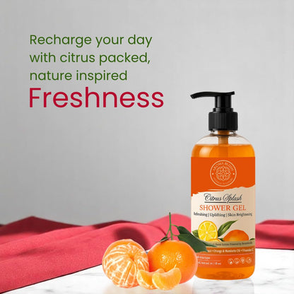Shower gel bottle with citrus fruits on a gray background