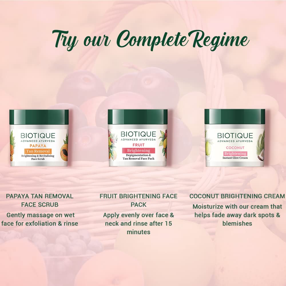 Biotique skincare products with product names and usage instructions on a pink background