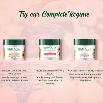 Biotique skincare products with product names and usage instructions on a pink background