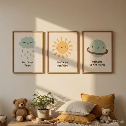 Baby Nursery Wall Painting Set of 3 with Wooden Frames | Cute Cloud Sun Planet Kids Room Wall Art | HD Sparkle Printed MDF Cartoon Wall Decor for Nursery, Baby Room & Kids Bedroom