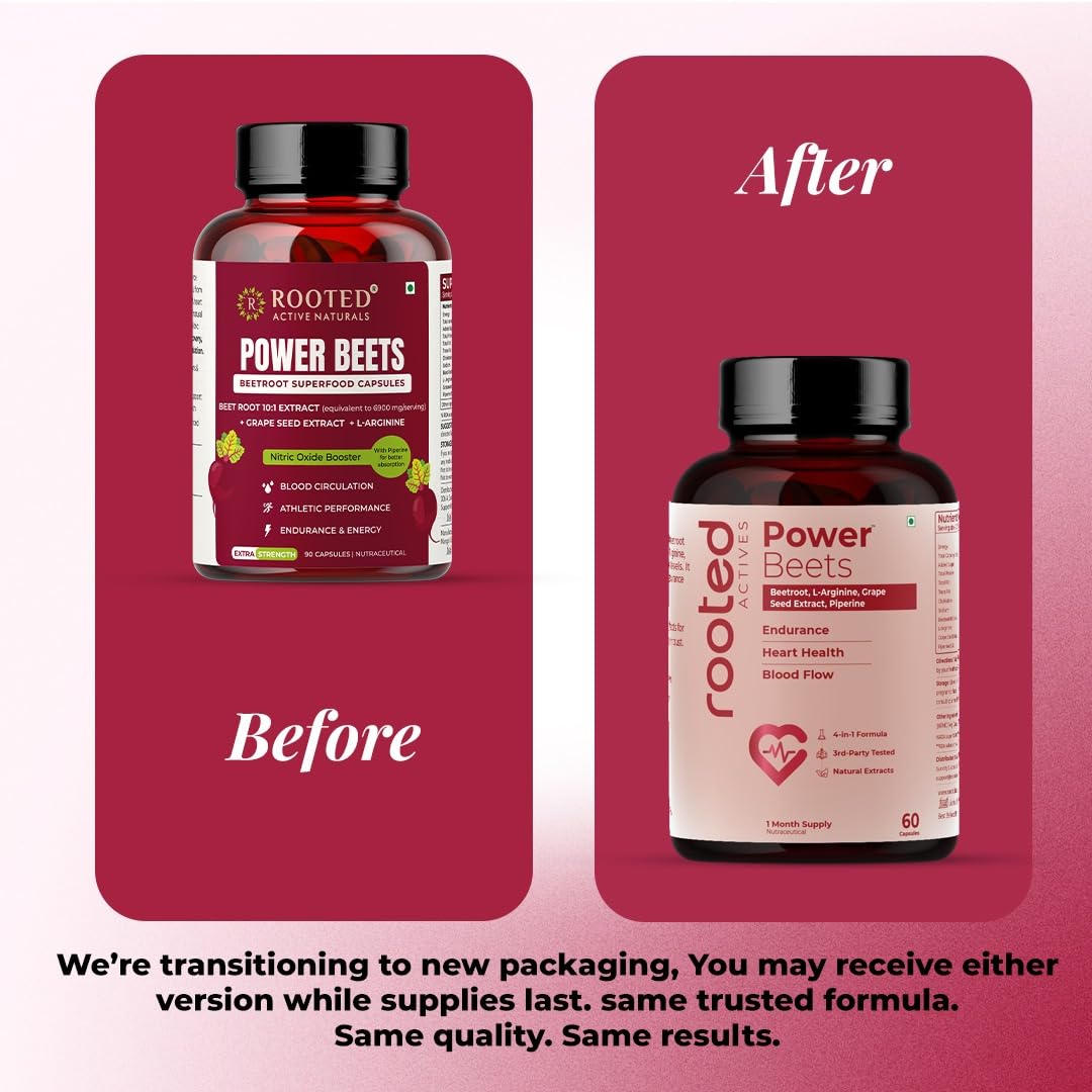 Rooted Actives Power Beets Capsules | Boost Energy, Stamina & Blood Circulation | Nitric Oxide Support | With L-Arginine & Grape Seed | 60 Veg Caps
