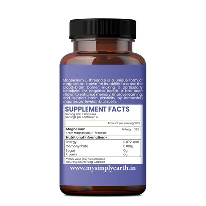 Simply Earth Magnesium L-Threonate, Supports Brain Health & Cognitive Function, Highly Bioavailable Magnesium - 60 Veg Capsules