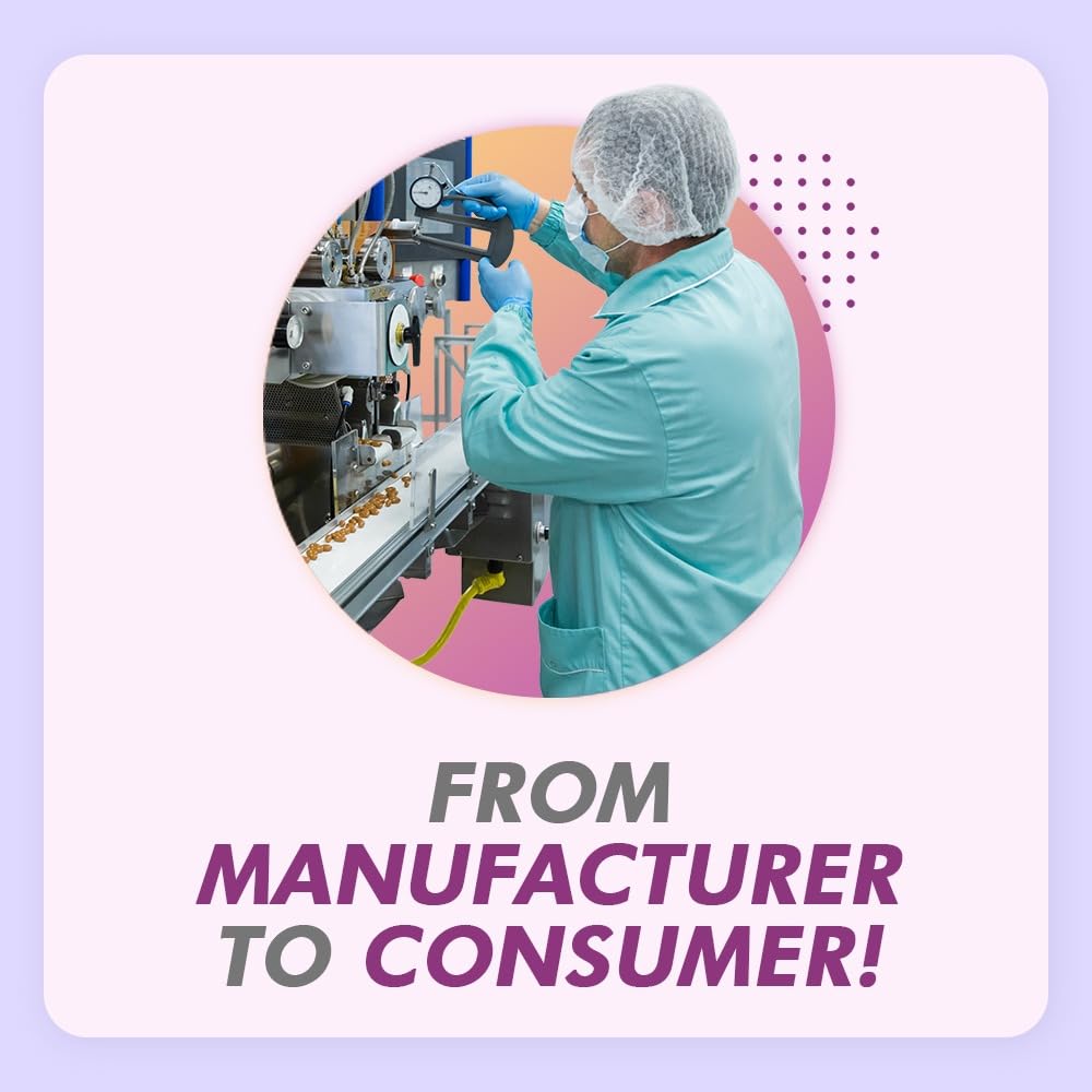 Person in a lab coat and hairnet working with equipment, with text 'From Manufacturer to Consumer' on a light purple background.