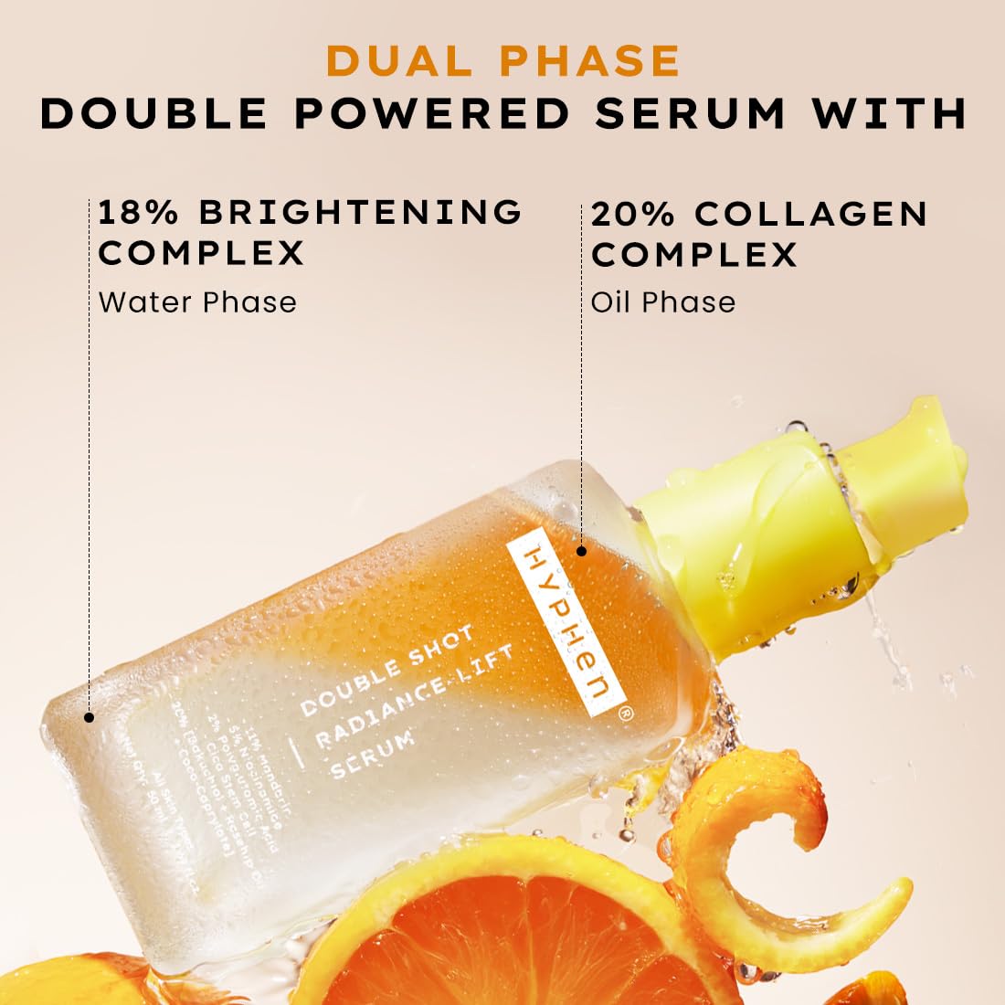 Hyphen Double Shot Radiance Lift Serum with lemon slices on a beige background