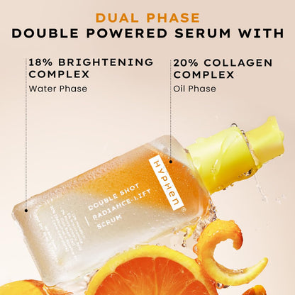 Hyphen Double Shot Radiance Lift Serum with lemon slices on a beige background