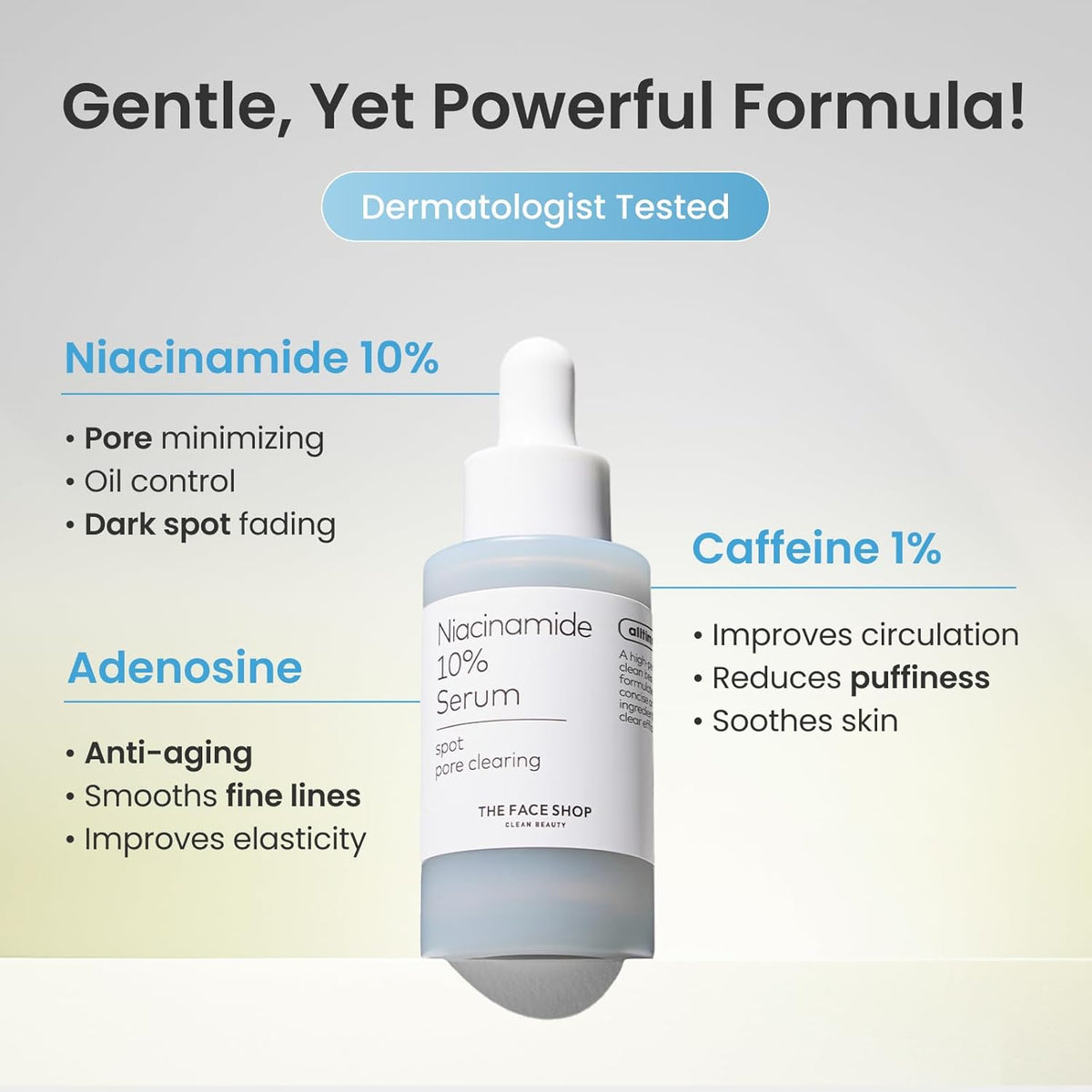 Niacinamide 10% serum bottle with product benefits on a gradient background