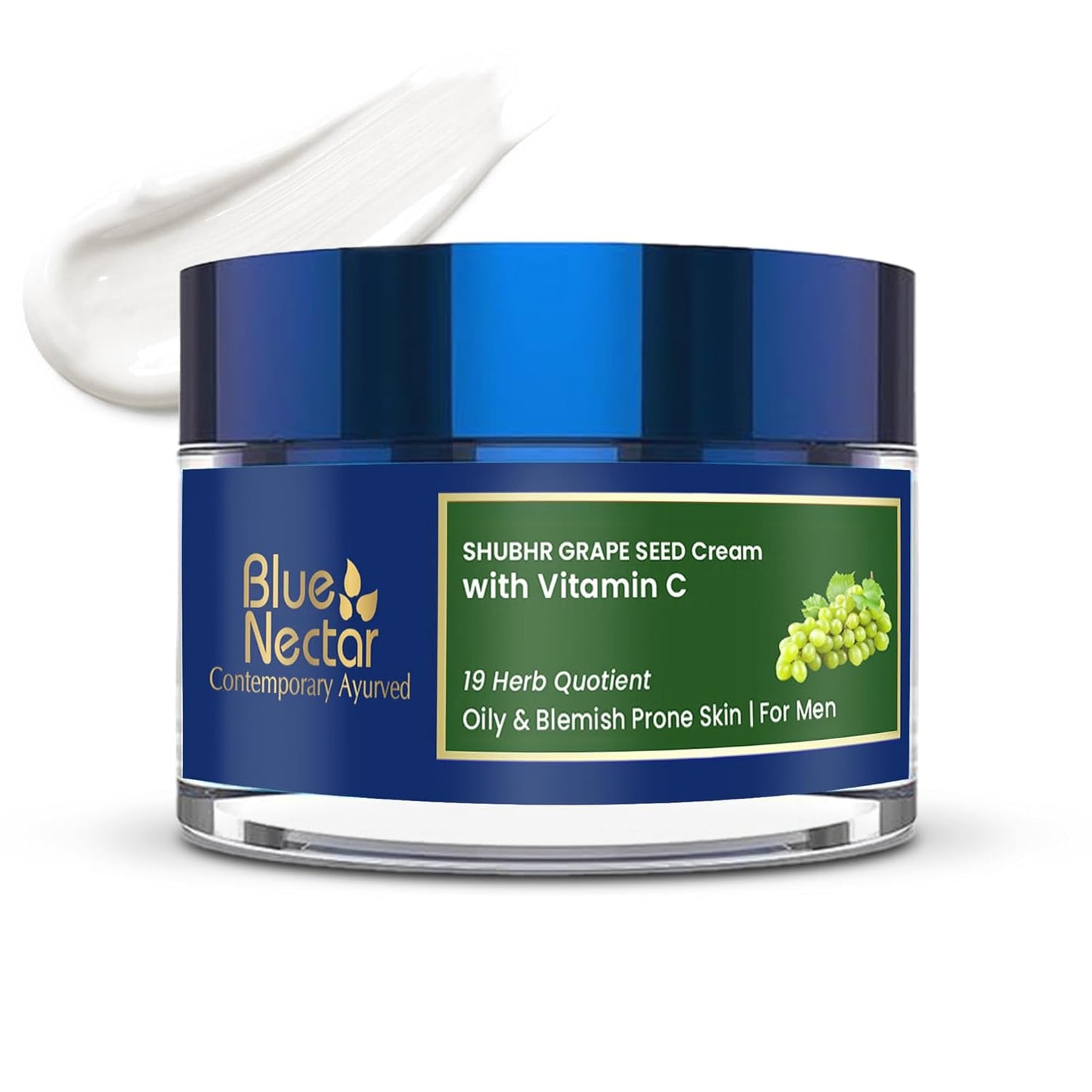 Blue Nectar Vitamin C Face Moisturizer for Oily & Acne Prone Skin with Grapeseed | Plant Based Vitamin C Lightweight Cream for Men (19 herbs, 50g)