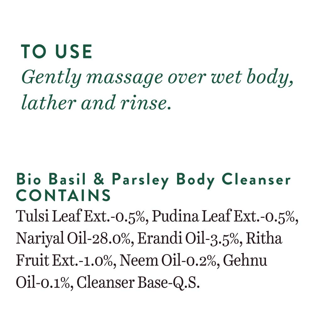 Text instructions for using a Bio Basil & Parsley Body Cleanser with ingredient list on a white background.