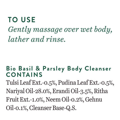 Text instructions for using a Bio Basil & Parsley Body Cleanser with ingredient list on a white background.