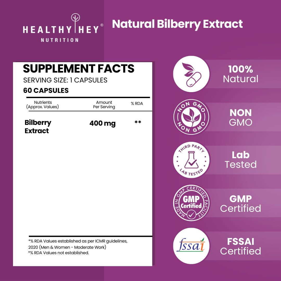 Healthy Hey Nutrition Natural Bilberry Extract supplement facts label on a purple background