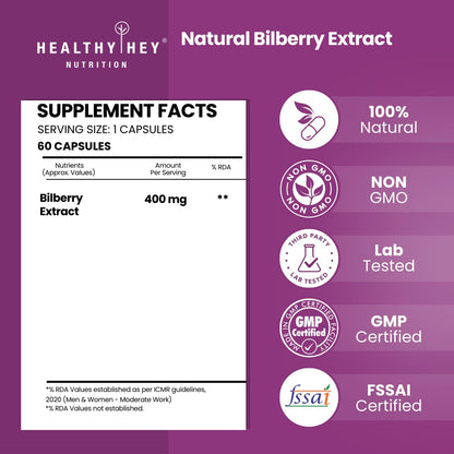 Healthy Hey Nutrition Natural Bilberry Extract supplement facts label on a purple background