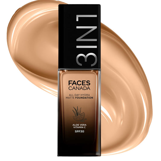FACES CANADA All Day Hydra Matte Foundation | 3-in-1 Foundation + Moisturizer + SPF 30 | 24 HR Aloe Hydration & Vitamin C | 10HR Long Wear | Medium to High Buildable Coverage | Soft Sand 041 | 25ml