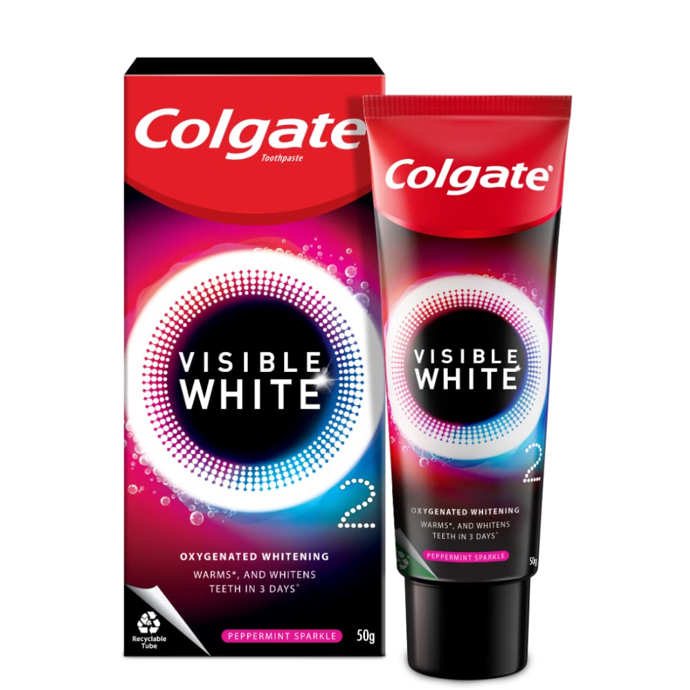 Colgate Visible White O2, Teeth Whitening Toothpaste, Peppermint Sparkle, 50g & Colgate 360 Whole Mouth Clean Toothbrush - 4 Pcs (Buy 2 Get 2 Free)