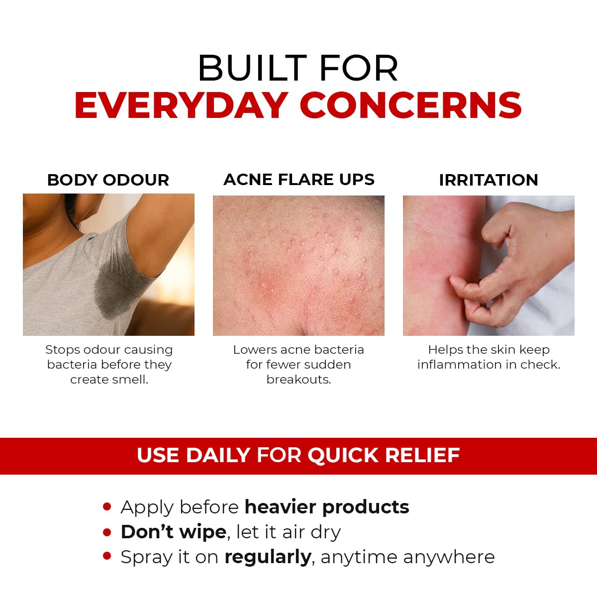 Product advertisement for skin care solution with images of body odour, acne flare-ups, and irritation.