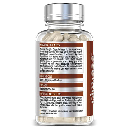 Nirvasa Pure Shilajit/Shilajeet (800mg) 60 Capsules | Boost Strength, Stamina, Energy & Immunity | Supports Vitality, Performance & Muscle Growth | Ashwagandha, Safed Musli & Kaunch Beej