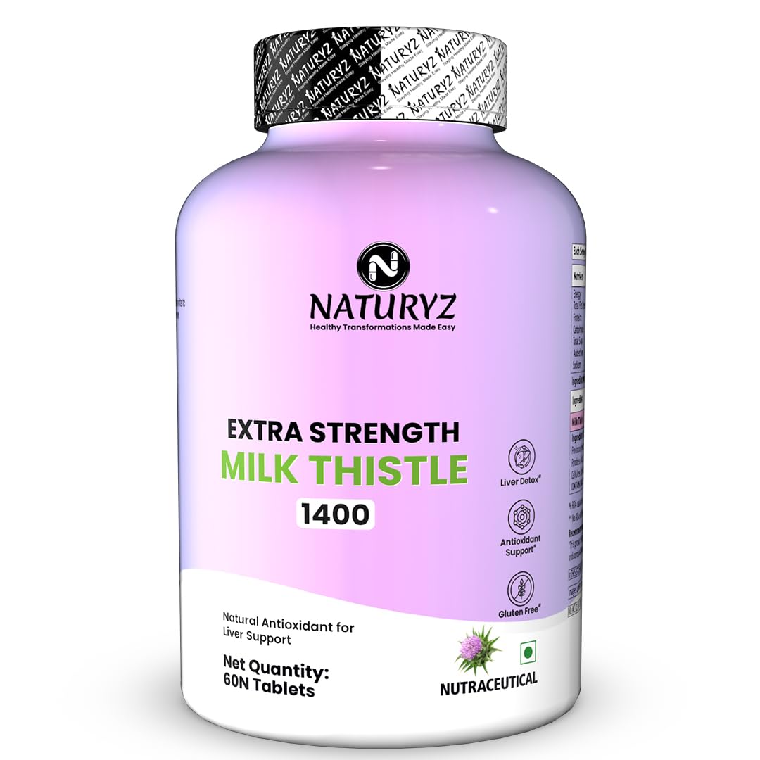 Naturyz Extra Strength Milk Thistle 1400 supplement bottle on a white background
