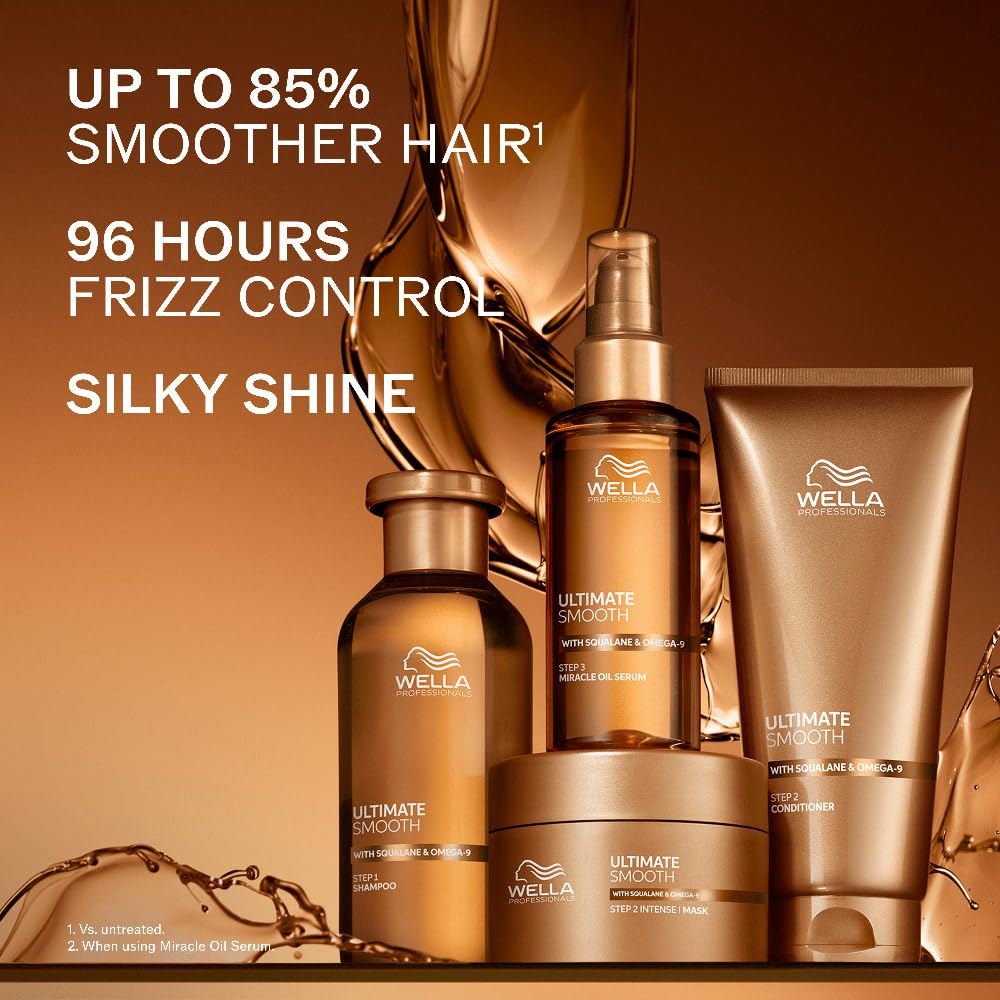 Wella hair care products with text highlighting hair benefits on a brown background