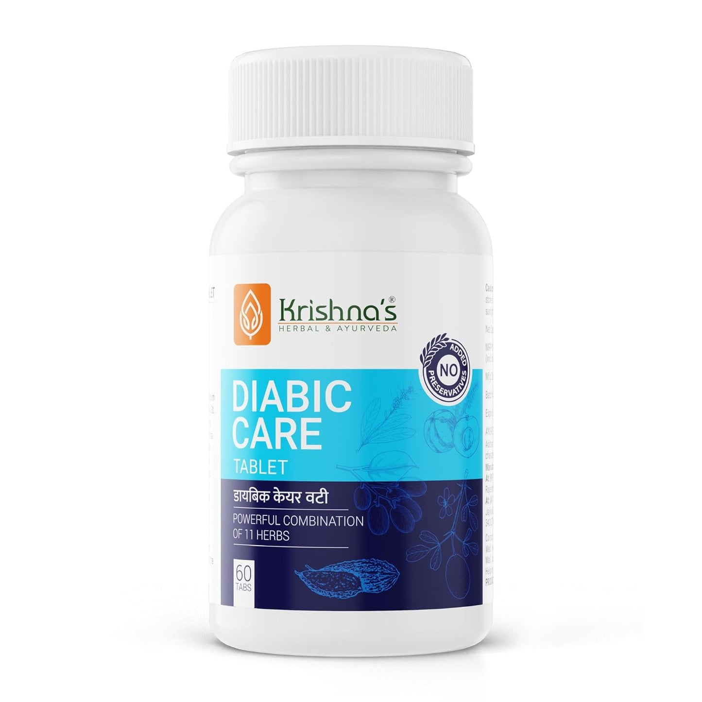 Krishna's Diabic Care Tablet - 60 Tab | Blend Of 11 Herbs Methi, Amla, Karela, Jamun, Kutki & 5 Other Herbs - (Pack of 1)