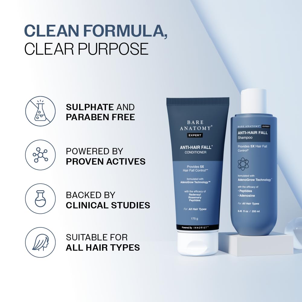 Bare Anatomy Anti-Hair Fall Shampoo (250ml) & Anti-Hair Fall Conditioner Combo (175ml) | Provides 5X Hair Fall Control | Adenosine, Redensyl, Rosemary & Peptides | Strengthens Roots & Reduces Breakage
