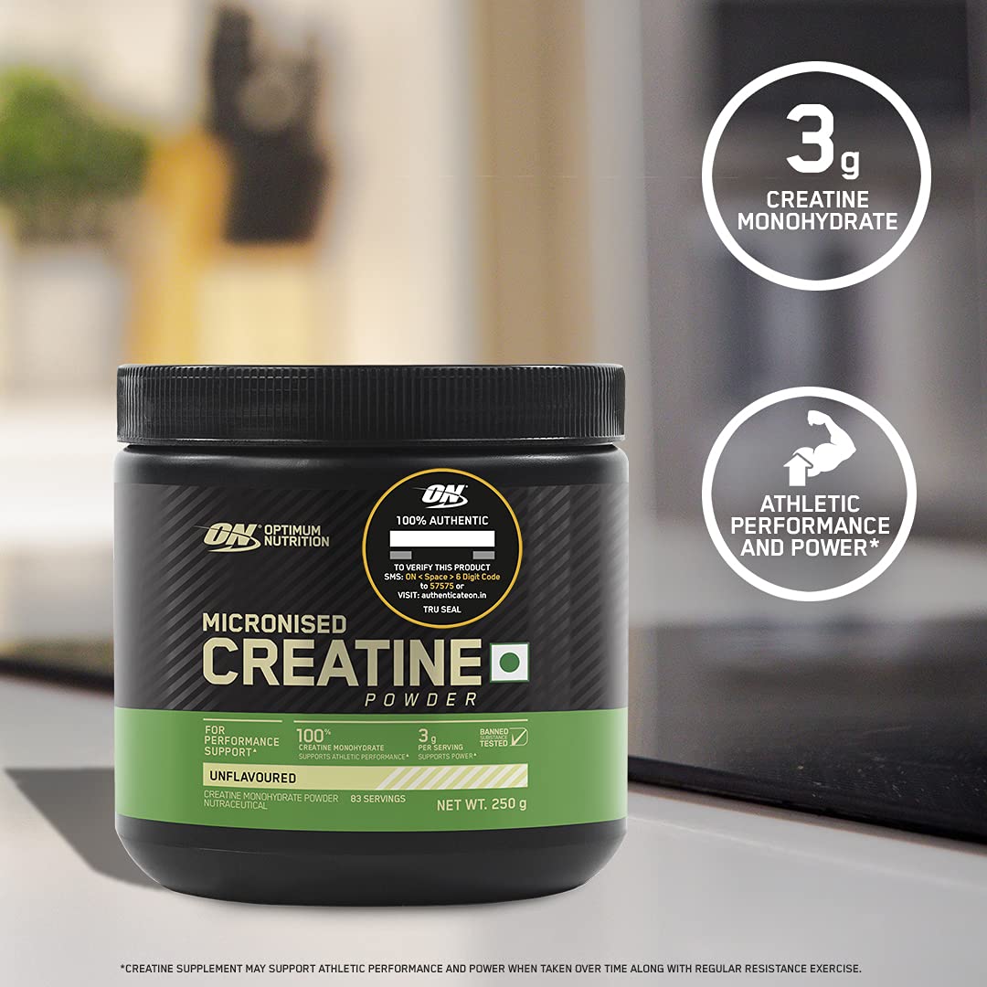 Optimum Nutrition (ON) Micronized Creatine Powder - 250 Gram, 83 Serves, 3g of 100% Creatine Monohydrate per serve, Supports Athletic Performance & Power, Unflavored.