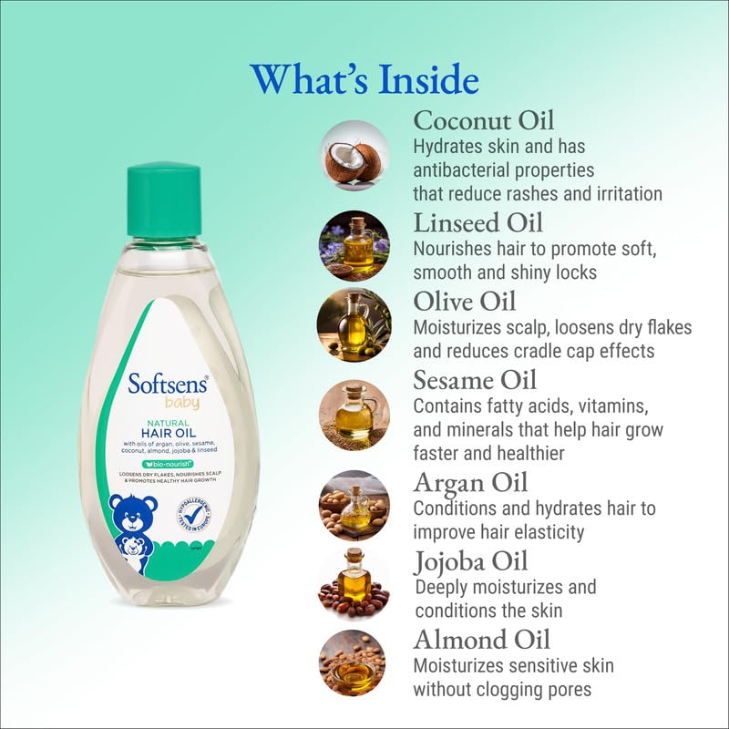 Softsens Baby Natural Hair Oil 100ml | Nourishing Hair & Scalp Oil with Coconut, Almond, Argan & Sesame Oils | Dermatologically Tested & Hypoallergenic, Free from Parabens